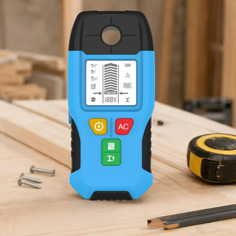 6-in-1 Stud Finder Wall Scanner Auto Shutoff LCD (Blue) resting on wooden surface with screws and tape measure in background.