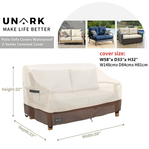 Outdoor Two Seater Loveseat Cover Waterproof Beefed Up Heavy Duty Patio Sofa Cover 58W x 33D x 32H Inches Beige And Brown