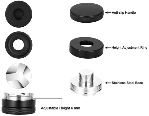 Diagram of 58mm Adjustable Coffee Distributor Leveler for Espresso Shots showing components with anti-slip handle, adjustment ring, and stainless steel base.