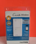 Wireless Light And Fan Control Switch With Two Button Pico Remote in packaging, white finish on orange background.