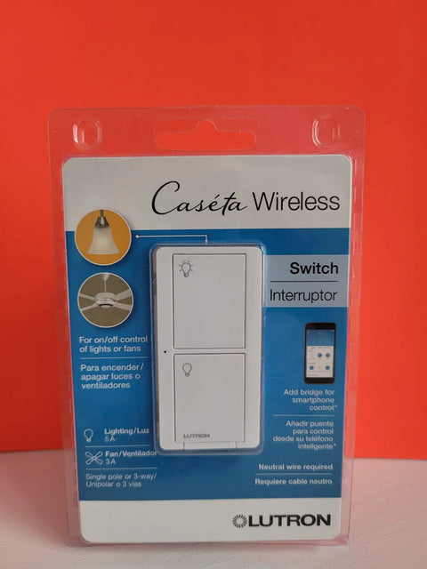 Wireless Light And Fan Control Switch With Two Button Pico Remote in packaging, white finish on orange background.