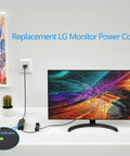 19V DC Monitor Power Cord Replacement For LCD LED Monitors And Widescreen HDTVs No Fuss Fits 22 23 24 27 Inch Displays And Flat Panel TVs Compatible Power Adapter Cord For Various Models, black cord with LED indicator connected to LG monitor