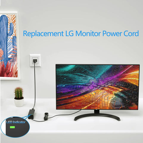 19V DC Monitor Power Cord Replacement For LCD LED Monitors And Widescreen HDTVs No Fuss Fits 22 23 24 27 Inch Displays And Flat Panel TVs Compatible Power Adapter Cord For Various Models, black cord with LED indicator connected to LG monitor