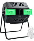 Massive Outdoor Dual Bin Composter Tumbling 43 Gallon Rotating Compost Bin With Two Sliding Doors And Aeration System Two 21.5 Gallon Chambers Garden Compost Tumbler BPA Free on metal stand with gloves