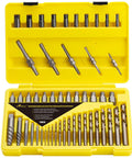 Open yellow case of Heavy Duty 55 Piece Screw And Bolt Extractor Set With Multi Spline Bits And Drill Bits For Removing Damaged Frozen Rusted Rounded Off Bolts And Screws Industrial Grade CR MO Steel For Home And Shop.