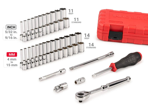 1/4 Inch Drive 56 Piece Socket And Ratchet Set In Case With 6 Point Sockets From 5/32 To 9/16 Inch And 4 To 15 mm Deep And Regular Sockets