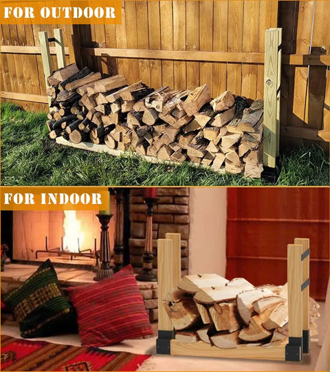 Outdoor Firewood Rack Brackets Kit used outdoors and indoors for neat firewood storage, set of 2 heavy duty metal brackets.