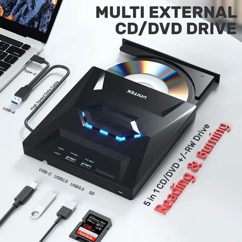 5 In 1 External Optical Drive With USB 3.0 And Type C Hub Portable CD DVD Burner And Disc Player Reads CDs And DVDs Includes USB A And USB C 2.0 Ports SD Card Slot Compatible With External Hard Drives Mice And Keyboards black CD/DVD drive with open disc tray, USB-C and USB-A ports, SD slot, and cable