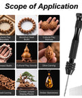 Hardcore Micro Drill Bit Set With Slick Black Pin Vise Hand Drill And Twenty Precision Metric Sizes For Tight Spot Work Soldering And Repair Projects And Dead Reliable Everyday Fixes shown with various carved wood items.