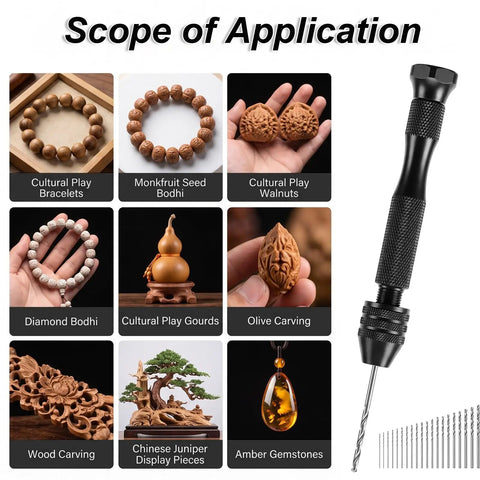 Hardcore Micro Drill Bit Set With Slick Black Pin Vise Hand Drill And Twenty Precision Metric Sizes For Tight Spot Work Soldering And Repair Projects And Dead Reliable Everyday Fixes shown with various carved wood items.