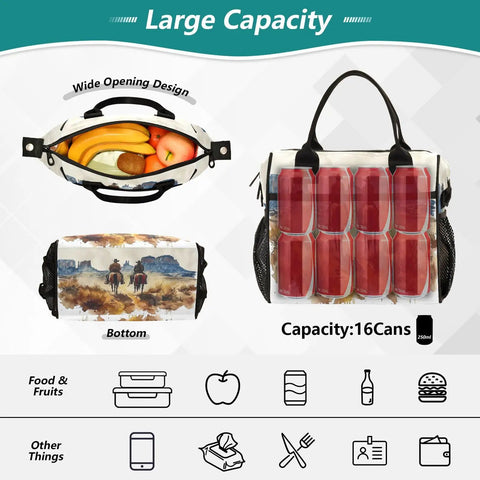 Desert Cowboy Insulated Lunch Tote for Women with adjustable strap showing large capacity and artistic design