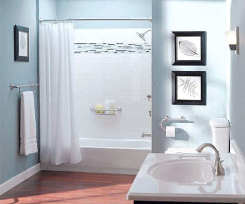 Bathroom with 24 Inch Bathroom Grab Bar With Towel Bar In Brushed Nickel Built To Last Heavy Duty Safety Rail Holds Up To 500 Lbs Visible Near Shower