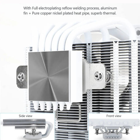 White ARGB Low Profile CPU Air Cooler With Six Copper Heat Pipes And A Quiet 120mm PWM Fan, showcasing copper heat pipe and aluminum fins.