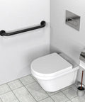 Bathroom with wall-mounted toilet and 2 Pack 24 Inch Black Shower Grab Bars Stainless Steel Wall Mount Safety Hand Rails For Bathrooms Supports Up To 500 Lbs Anti Rust Concealed Screws Ideal For Seniors And Handicap Accessibility.