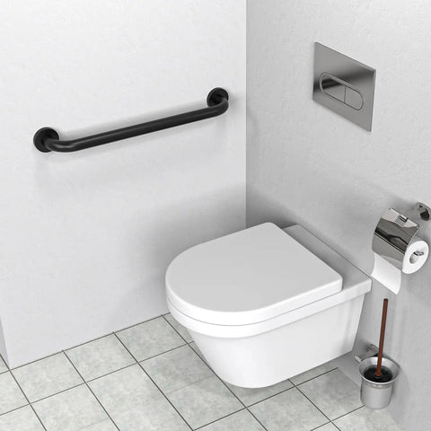 Bathroom with wall-mounted toilet and 2 Pack 24 Inch Black Shower Grab Bars Stainless Steel Wall Mount Safety Hand Rails For Bathrooms Supports Up To 500 Lbs Anti Rust Concealed Screws Ideal For Seniors And Handicap Accessibility.