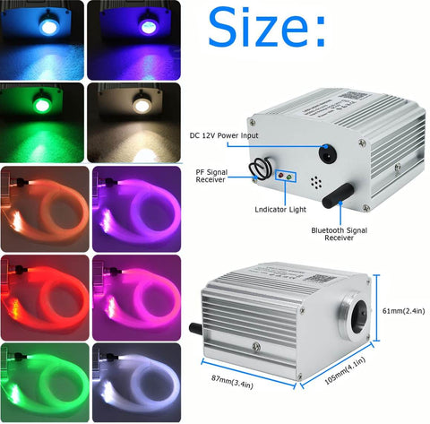 Bluetooth Control 10W RGBW Twinkle Fiber Optic Star Ceiling Light Kit With 200 Fibers, light engine, various colors, dimensions noted