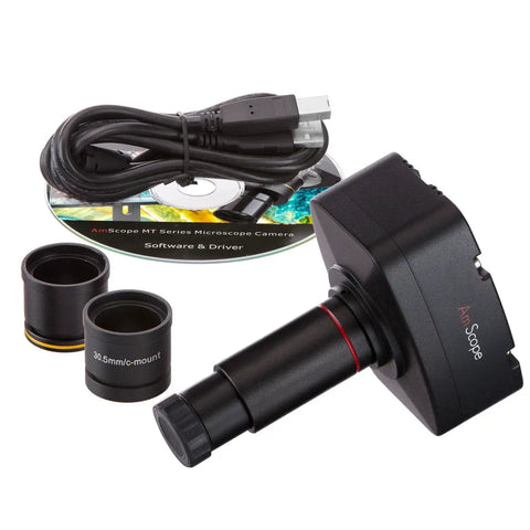 Rock Solid Pro Grade Digital Compound Microscope With 5MP USB Camera and 40X To 2000X Magnification showing USB camera with adapters.