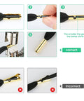 Steps showing aglet installation using Aglet Crimping Tool For Shoelaces Metal Lace Tips Replacement Kit Shoe Lace End Repair Tool