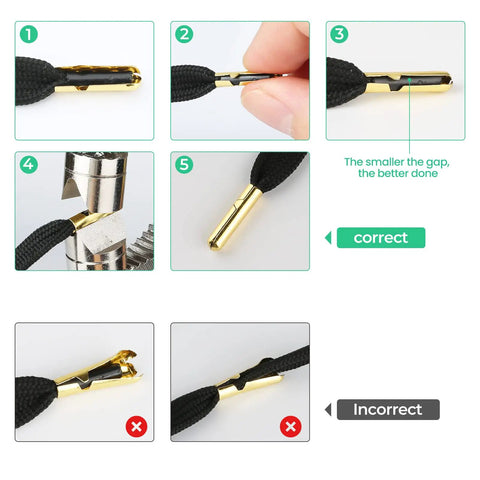Steps showing aglet installation using Aglet Crimping Tool For Shoelaces Metal Lace Tips Replacement Kit Shoe Lace End Repair Tool