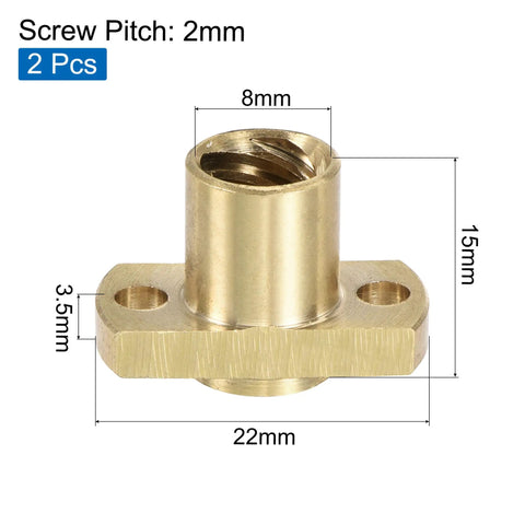 Solid T8 Lead Screw Trapezoidal Nut 2mm Pitch 8mm Lead For 3D Printer Brass Tone Pack Of 2 with dimensions labeled