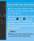 Rechargeable Voice Remote For 2019 To 2026 Smart TVs With USB C Fast Charging And Solar Power Replacement TV Remote With Voice Control No Battery Hassle Durable Build 2 Year Warranty next to pairing instructions on blue background