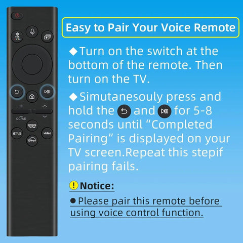 Rechargeable Voice Remote For 2019 To 2026 Smart TVs With USB C Fast Charging And Solar Power Replacement TV Remote With Voice Control No Battery Hassle Durable Build 2 Year Warranty next to pairing instructions on blue background