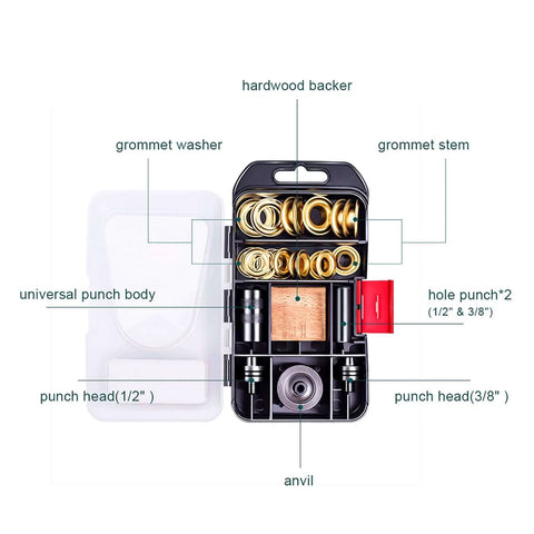 Solid Brass Grommet Kit With Three Eighths And One Half Inch Grommets Eyelets Setting Tool And Storage Box NH1003K open case