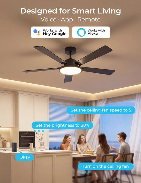 Boost Your Room Chill Level With This 52 Inch Smart Ceiling Fan in a modern kitchen, showcasing voice controls and dimmable lighting.