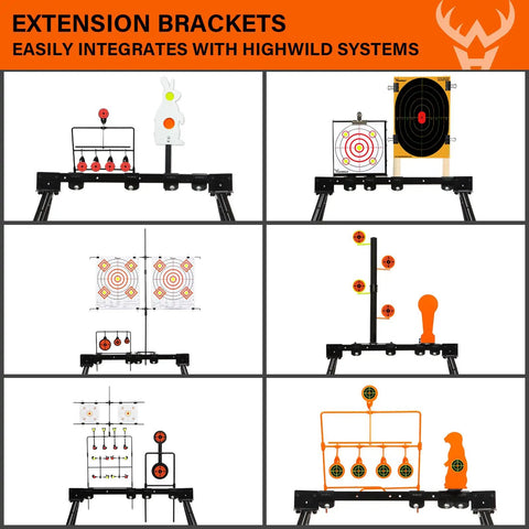 AR500 Steel Target System Complete Set With Stand And Gongs, multiple targets on display, including extension brackets and stand.