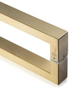 Heavy Duty 304 Stainless Steel Push Pull Door Handle With Solid Standoffs 300mm (12 Inch) Square Or Rectangle Shape Satin Gold Finish For Barn And Glass Doors, angled close-up