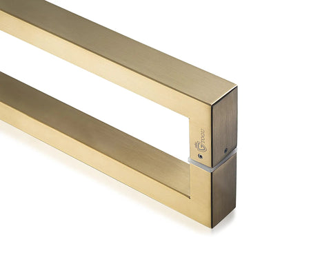 Heavy Duty 304 Stainless Steel Push Pull Door Handle With Solid Standoffs 300mm (12 Inch) Square Or Rectangle Shape Satin Gold Finish For Barn And Glass Doors, angled close-up