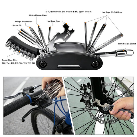 16 In 1 Bike Multitool Kit For On The Go Repairs showing tools including hex keys, wrenches, screwdrivers, and tire levers.