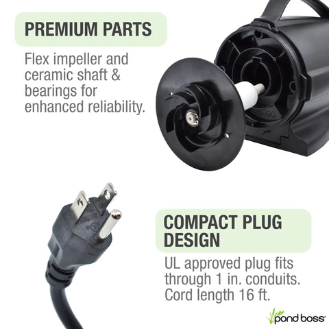Heavy Duty 3600 GPH Pond Waterfall Pump with 170W Low Energy Power ETL Listed Premium Ceramic Shaft and Flex Impeller