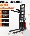 Walkie Pallet Stacker Semi Electric 3300 Lb Capacity 94 Inch Lift Height 48 Volt Battery Powered warehouse equipment dimensions.