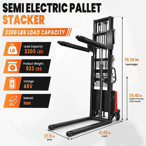 Walkie Pallet Stacker Semi Electric 3300 Lb Capacity 94 Inch Lift Height 48 Volt Battery Powered warehouse equipment dimensions.