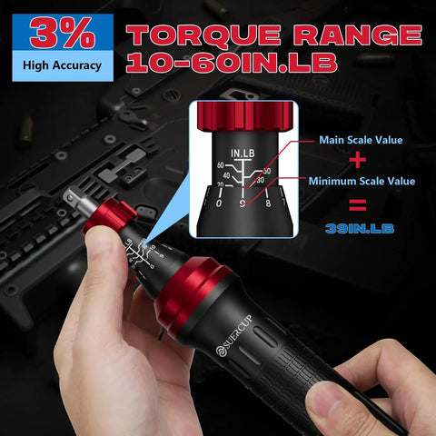 One Quarter Inch Torque Screwdriver Set For Gunsmithing With Pro Grade Feel And Adjustable From Ten To Sixty Inch Pounds Thirty Six Piece Bit Kit Including Philips Hex Slotted And Torx S2 Steel Bits And Aluminum Handle For Tough Reliable Performance, 3% accuracy scale