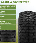 Beefy Front Tire And Wheel Set For Riding Lawn Mowers 15x6-6 tread pattern close-up, 4-ply natural rubber, Turf Saver