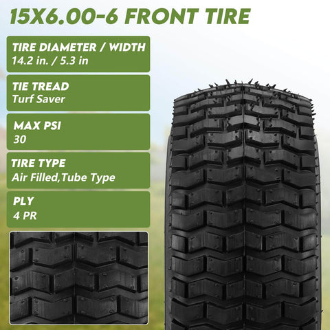 Beefy Front Tire And Wheel Set For Riding Lawn Mowers 15x6-6 tread pattern close-up, 4-ply natural rubber, Turf Saver