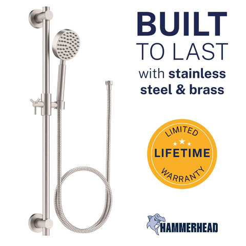 Solid Metal 27.5 Inch Shower Slide Bar System with Handheld Head and Hose Brushed Nickel Finish 2.5 GPM High Pressure Spray Wand