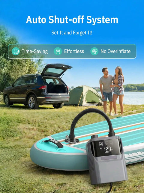 Electric Paddle Board Pump With Automatic Dual Stage Inflation Deflation 50 PSI 12V Car Outlet Fast SUP Inflator