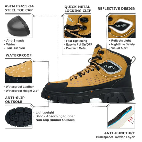 Side view of Men's Six Inch Waterproof Steel Toe Work Boots Built Tough for Construction and Industrial Jobs, yellow color, size US 11.