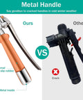 Comparison of metal handle vs plastic handle, highlighting all metal sprayer wand set with anti-slip rubber and durability