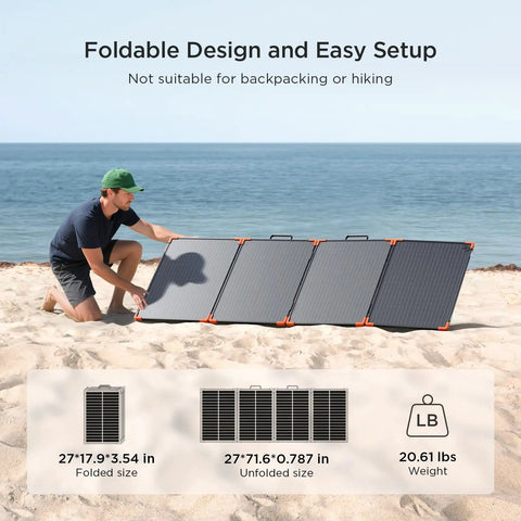 Man setting up 200W portable solar panel with tempered glass, foldable design, for off-grid power on the go, by the beach.
