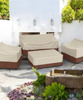 All Weather Four Piece Outdoor Furniture Cover Set For Patio Loveseat Chairs And Coffee Table Waterproof Beige And Brown Durable Fit That Is Easy To Use And Keeps Your Gear Dry And Clean shown on patio furniture in garden setting
