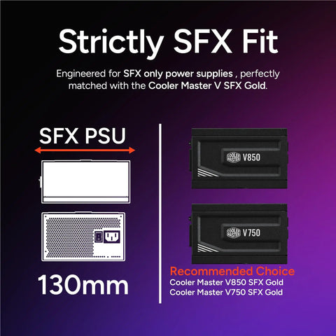 Diagram of NR200P V2 Mini ITX PC Case with SFX PSU 130mm compatibility, showing Cooler Master V850 and V750 SFX Gold models.