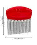Joie crinkle cutter knife with red handle and stainless steel wavy blade; 3.5 in tall, 3.25 in wide.
