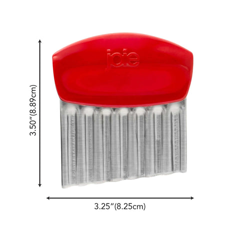Joie crinkle cutter knife with red handle and stainless steel wavy blade; 3.5 in tall, 3.25 in wide.
