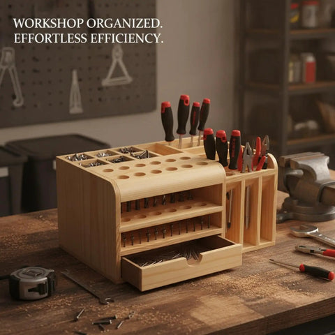 Wooden Tool Organizer Box With Divided Compartments And Vertical Tool Slots For Quick Access On Workshop Benches Or Craft Tables