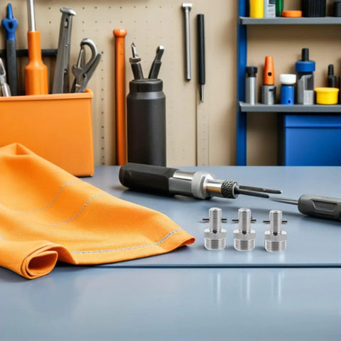 Top Notch Stainless Steel Needle Grease Fitting Kit For Rigs And Farm Jobs Stops Leaks With High Pressure Hydraulic Connectors Good For Heavy Duty Tractors And Construction Sites So You Get Grimy Work Done Without Hassle Or Rust, three steel fittings on workbench