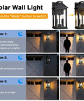 Rock Solid Solar Porch Light Outside With Smart Motion Sensor And Dusk To Dawn Auto Switch, showing 3 operational modes.